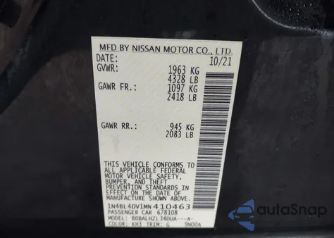 2021 Nissan Altima Sv Fwd из США, поврежденный, VIN 1N4BL4DV1MN410463